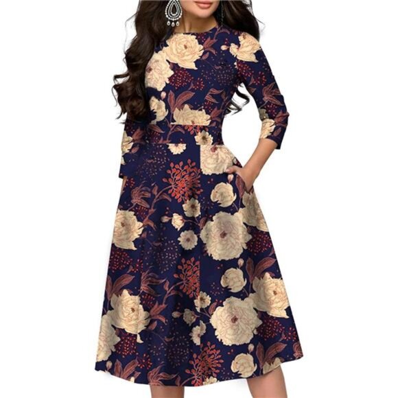 Dresses & Skirts - Simple Flavor Women's Floral Vintage Dress Elegant Midi Evening Dress 3/4